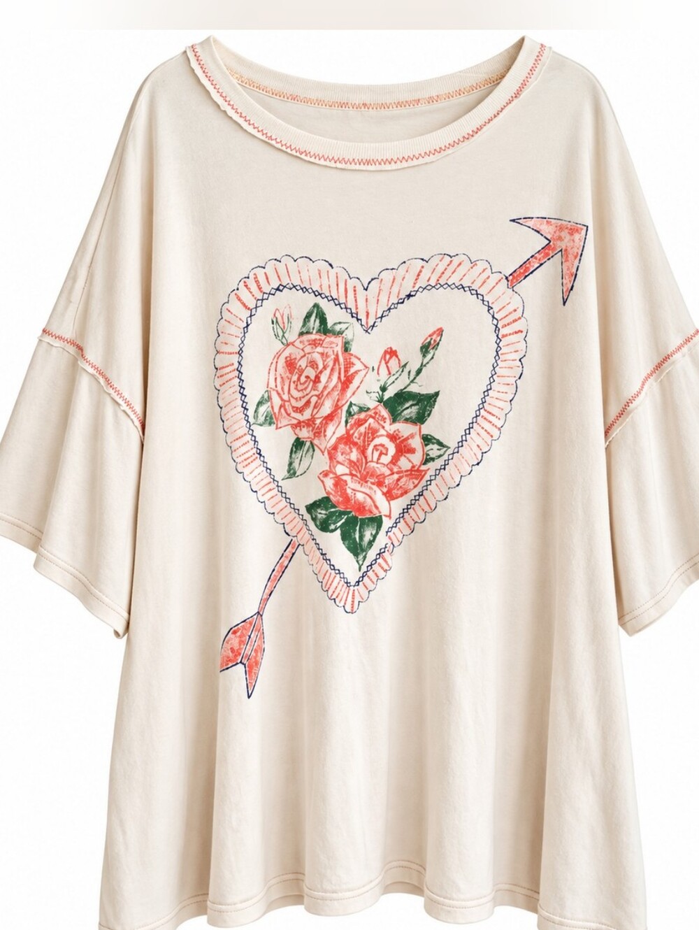 Free People We The Free Love Rose Tee L Ivory Oversized Graphic T-Shirt Boho - Picture 2 of 13